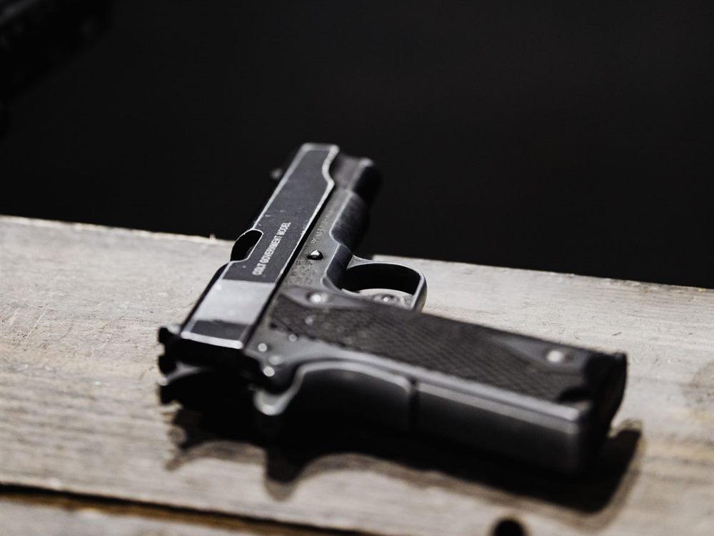A pistol on the shop counter, ready for pickup